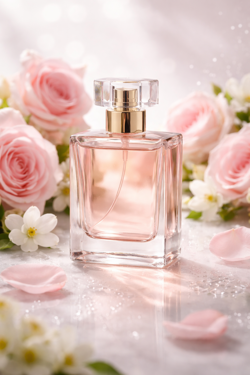 Luxury fragrance bottles with pink roses on marble
