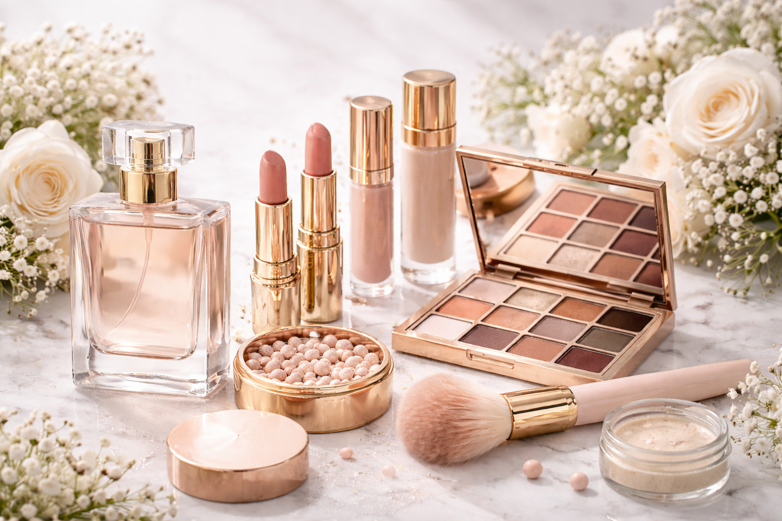 Pink perfume bottle with pink roses and petals