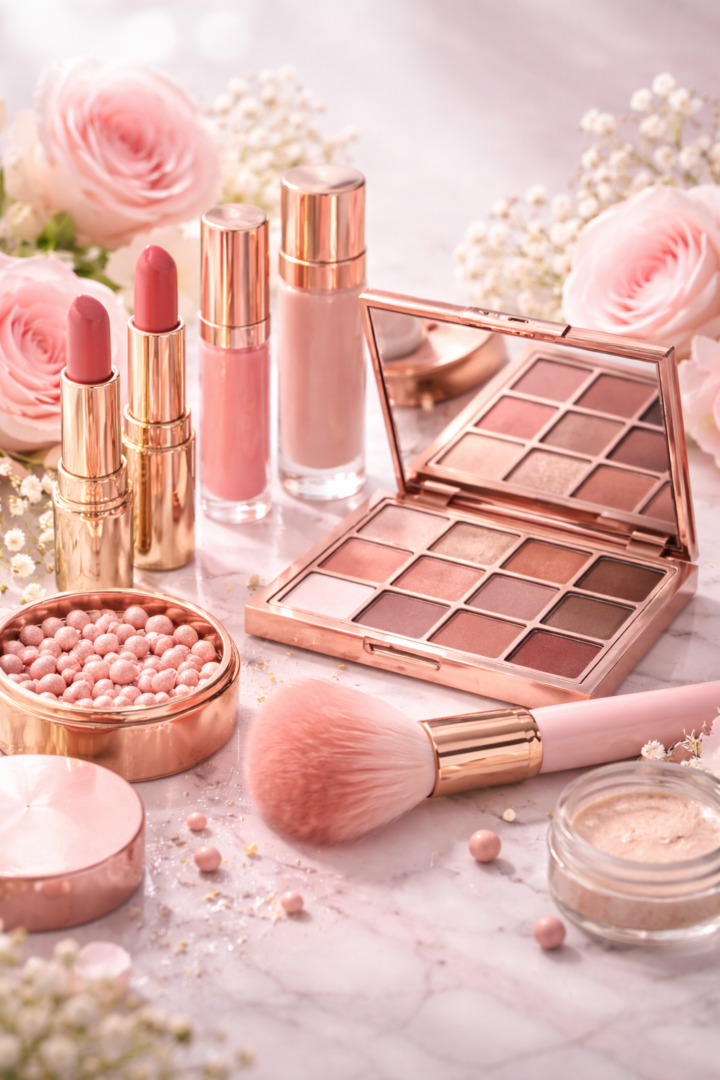 Luxury makeup flatlay with gold and cream tones on marble