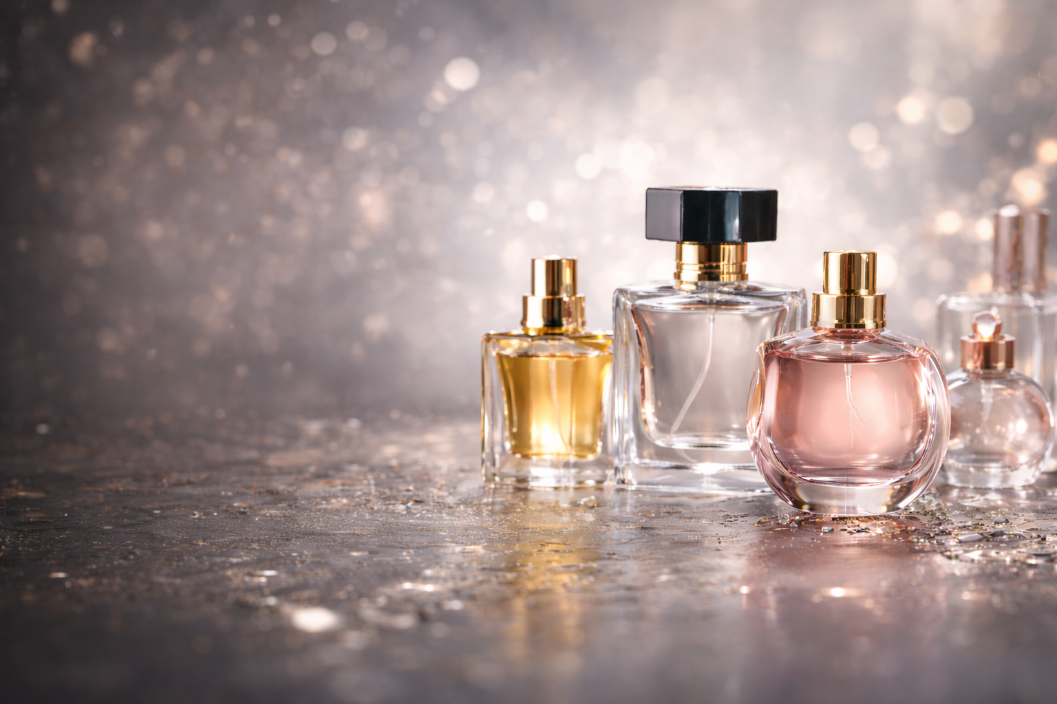 Luxury perfume bottles arranged on marble with roses